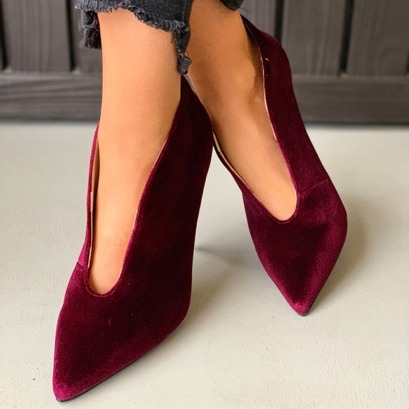Buckle Shoes - Velvet Wine V Split Front Pointy Toe Stiletto Boot